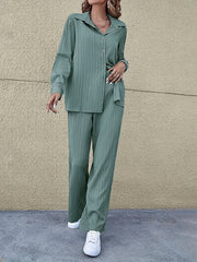 Solid Textured Two piece Set Polo Collar Long Sleeve Shirt & Elastic Waist Pants