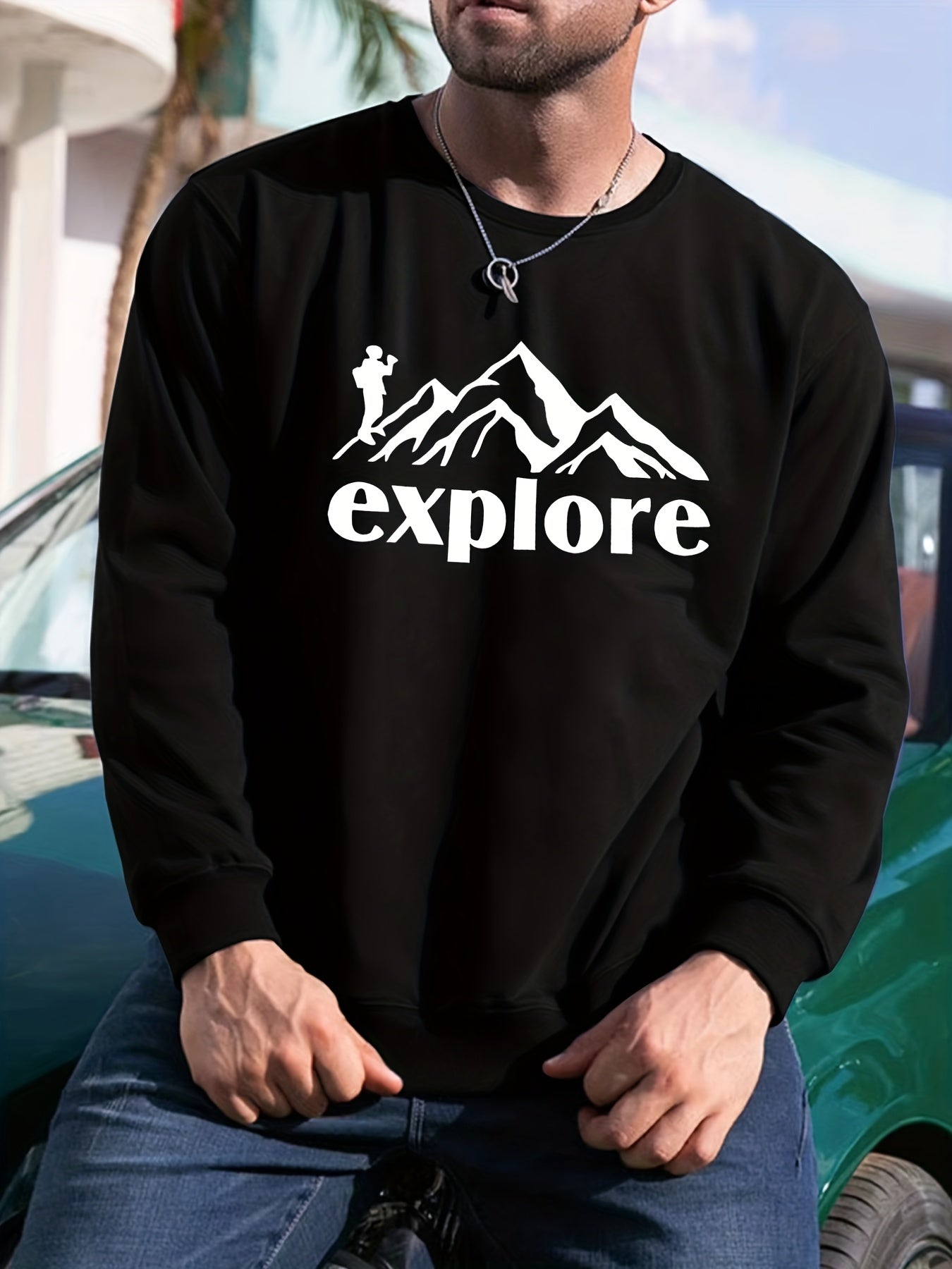 Graphic Mountain Print Sweatshirt Men's Casual Crew Neck Pullover Sweatshirt