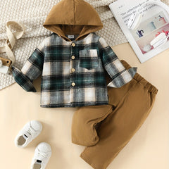 Plaid Hoodie Set Long Sleeve Top & Pants For Baby Boys