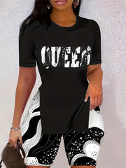 Letter Print 2pc Set Split T-shirt & Biker Shorts Outfits Women's Clothing