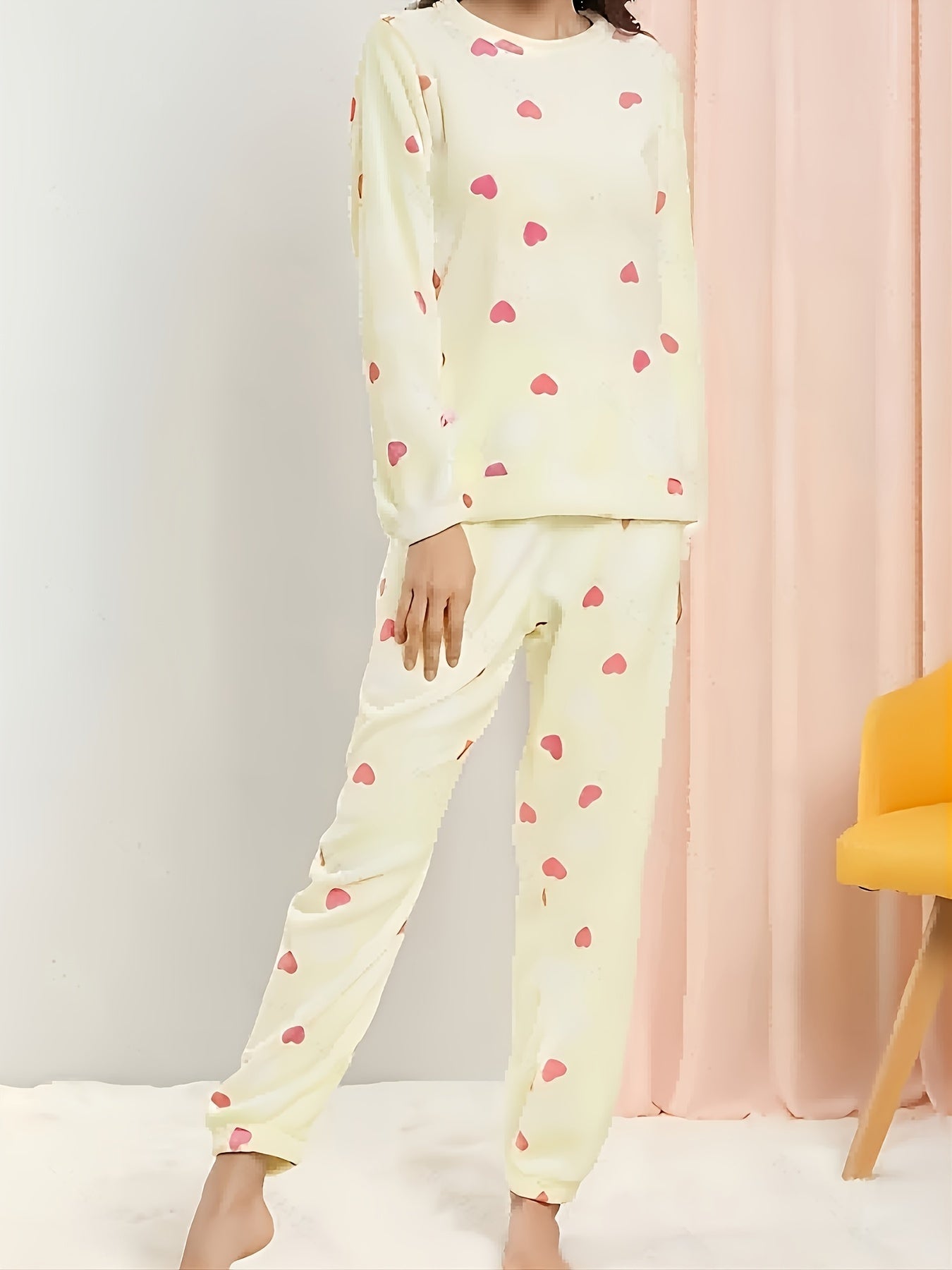 Heart Print Pajama Set Long Sleeve Crew Neck Top & Elastic Waistband Pants