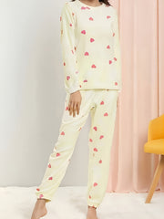 Heart Print Pajama Set Long Sleeve Crew Neck Top & Elastic Waistband Pants