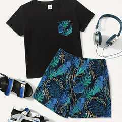 Boys Teen Casual Pocket Patched T shirt & Leaf Shorts Set for Summer
