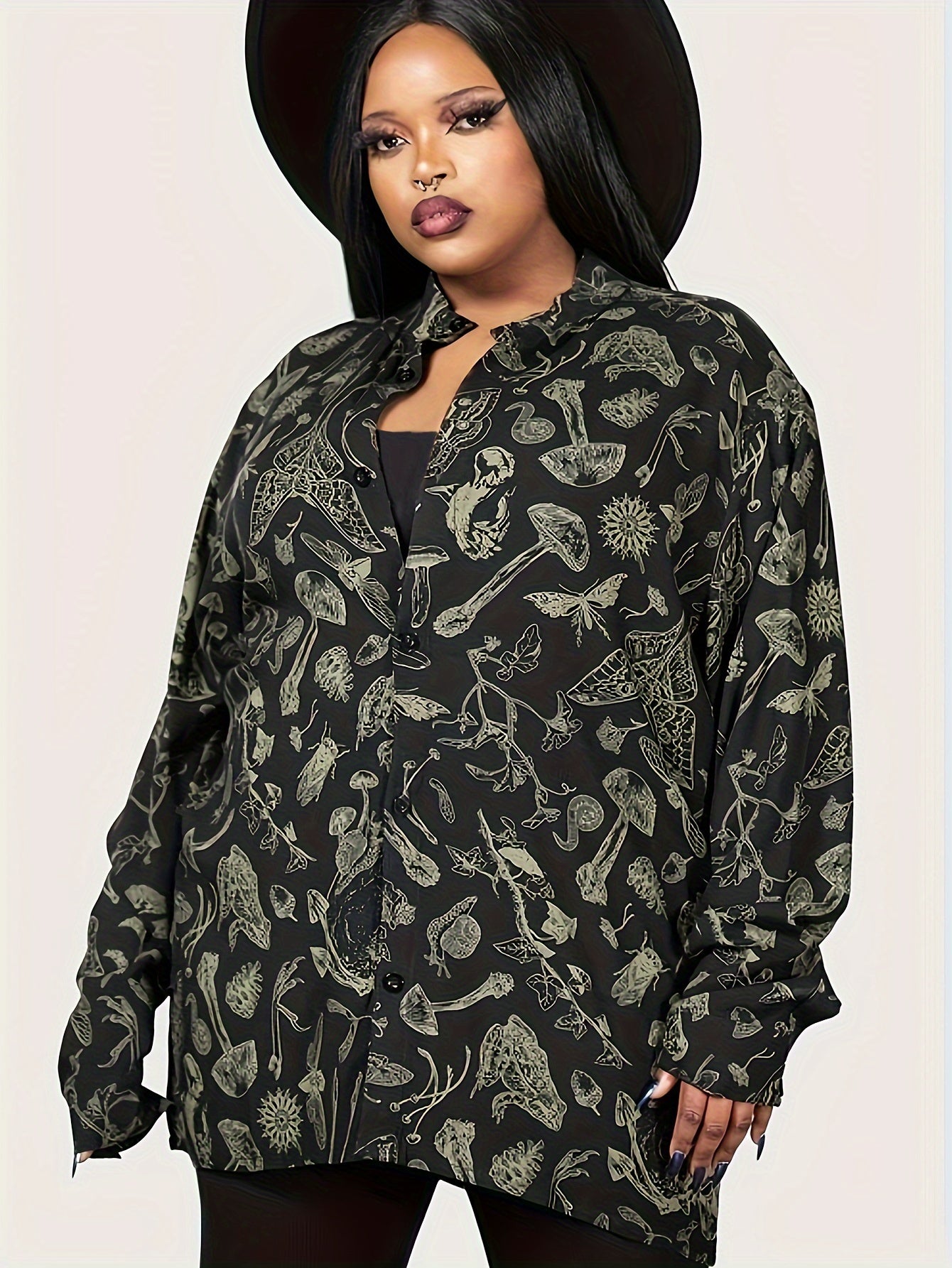 Goth Blouse Mushroom Print Button Up Mock Neck Blouse