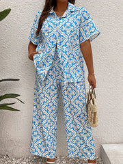 Women's Plus Floral Print Short Sleeve Blouse & Wide Leg Pants Set