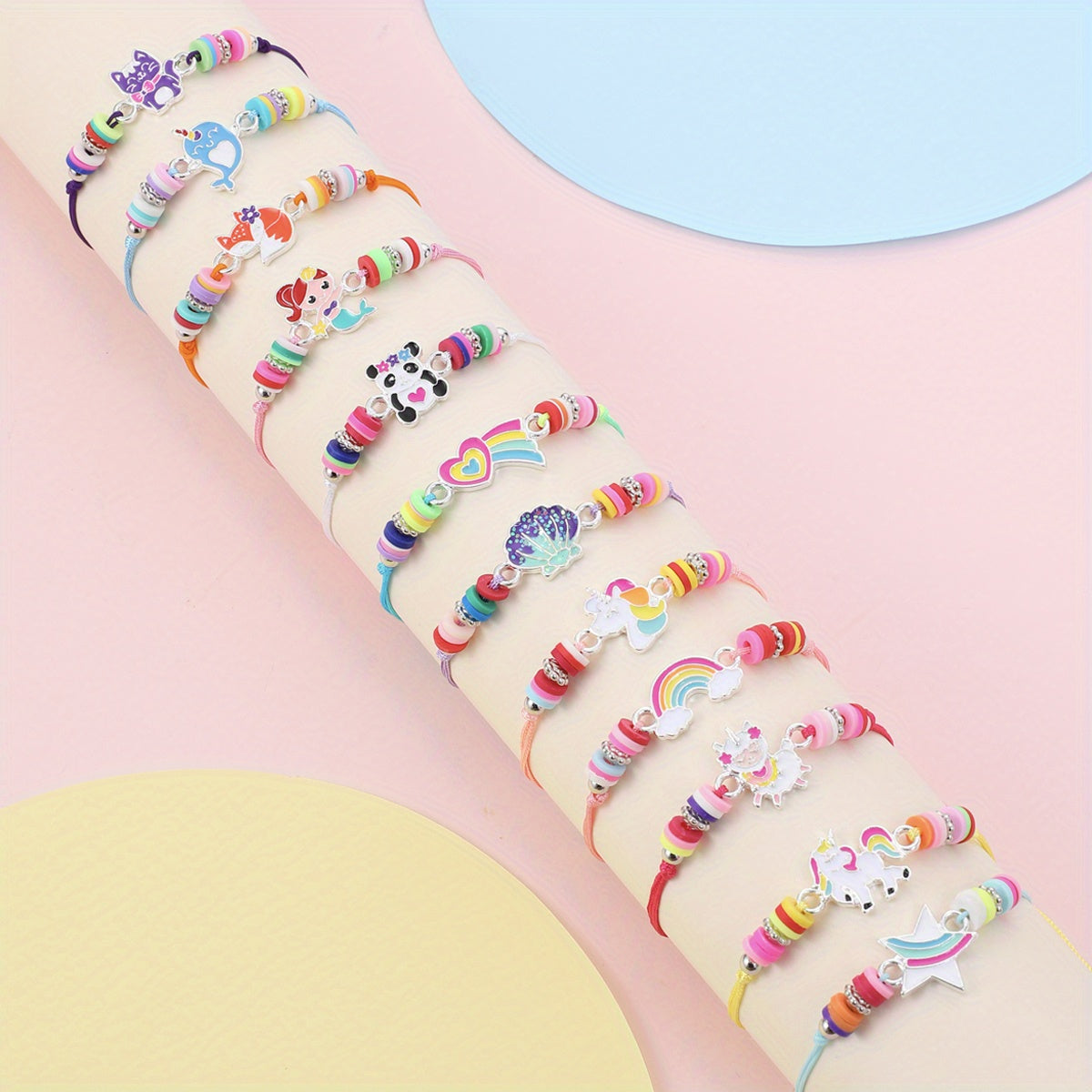 12pcs Girls Adjustable Animal Rainbow Heart Bracelets Kids Accessories