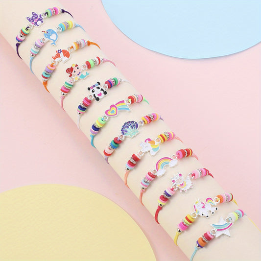 12pcs Girls Adjustable Animal Rainbow Heart Bracelets Kids Accessories