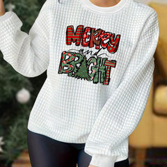 Women's Plus Size Christmas Loungewear Top - Tree & Slogan Print Waffle Pattern