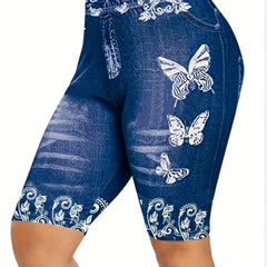 Women's Faux Denim Floral Printed Yoga Shorts High Waist Casual