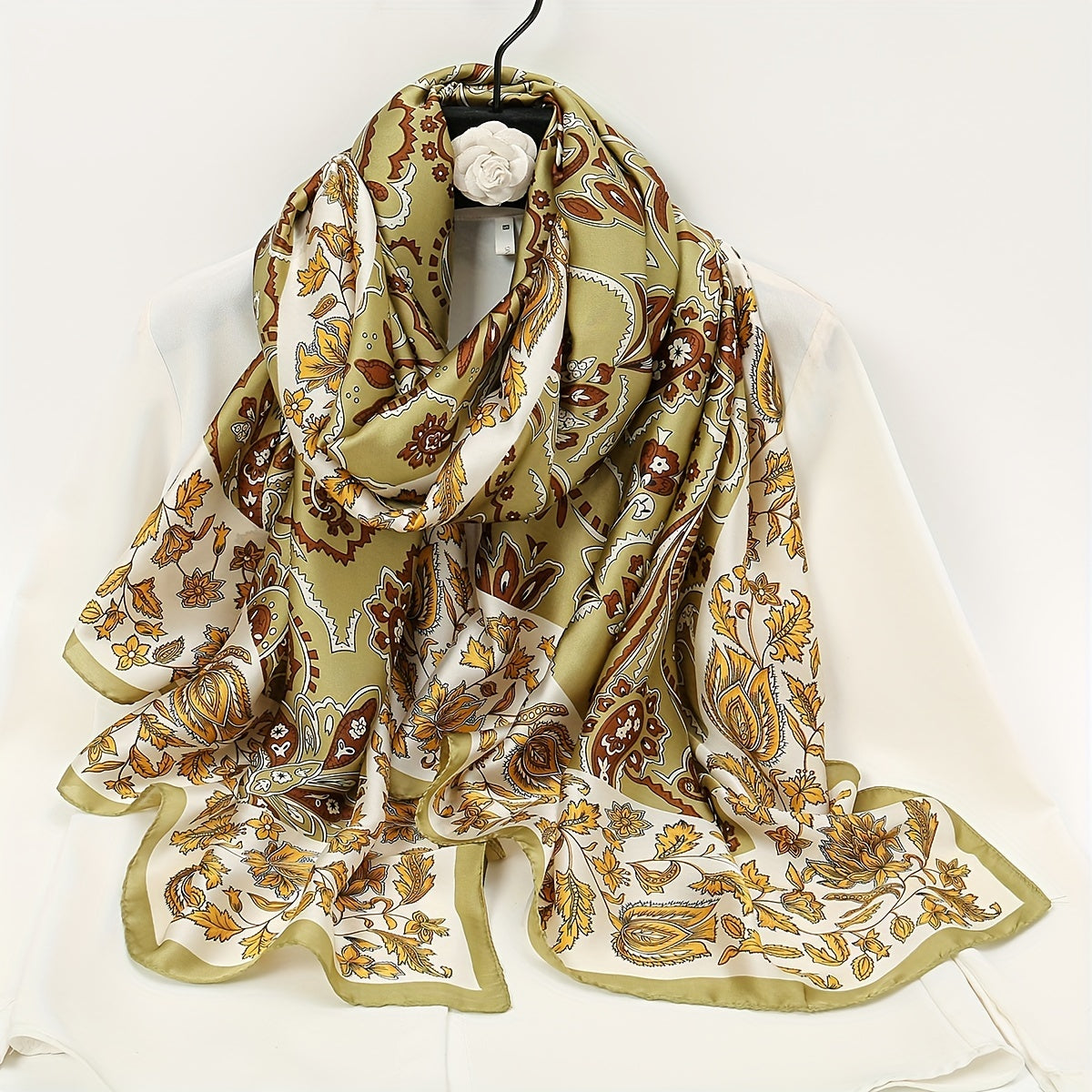 Vintage Green Paisley Print Satin Scarf Boho Shawl