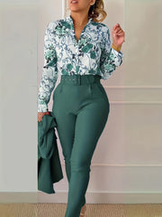 Floral Print V Neck Blouse & Tapered Pants Set