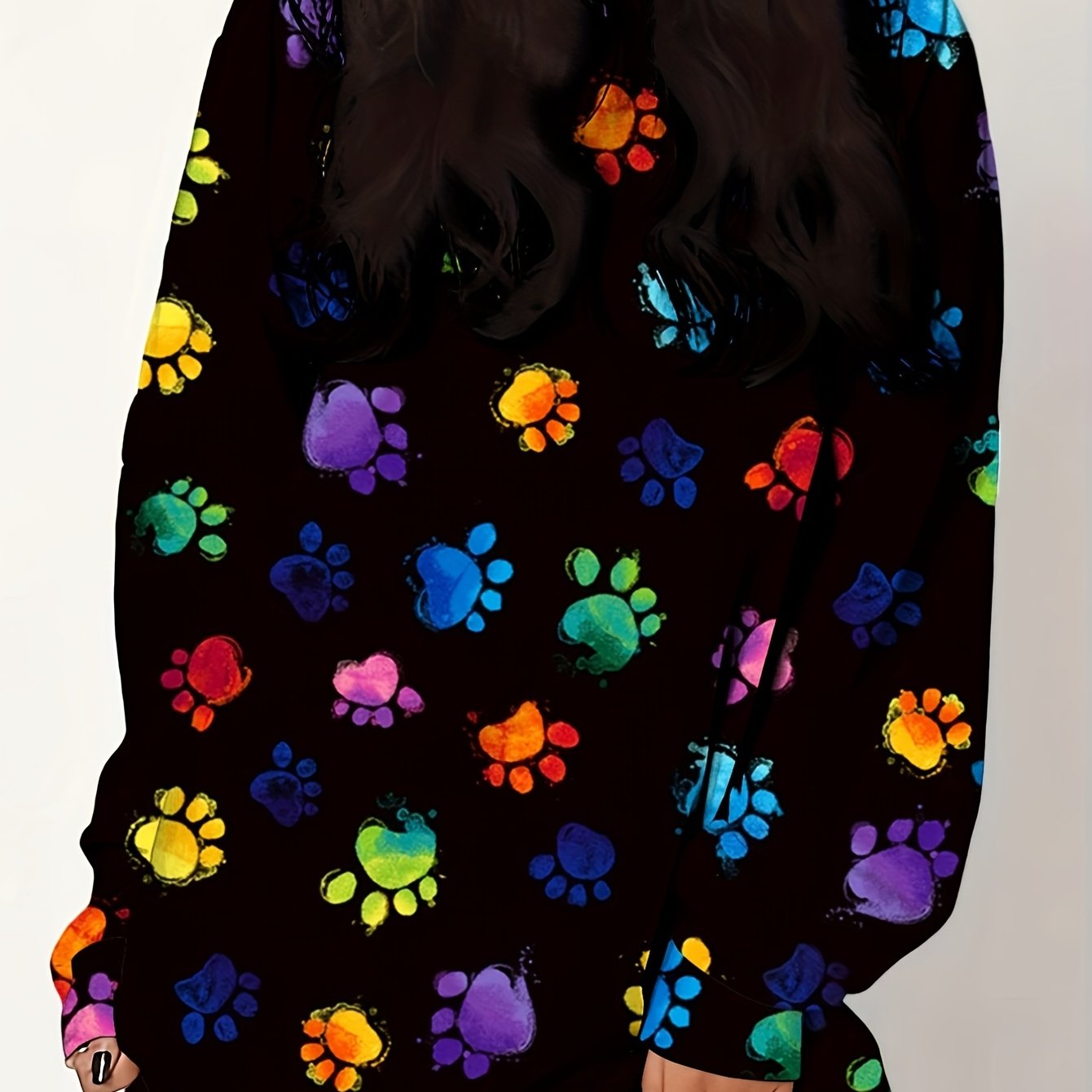 Colorful Dog Paw Print Long Sleeve Round Neck Dress