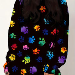 Colorful Dog Paw Print Long Sleeve Round Neck Dress