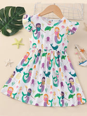 Girls Mermaid Princess Dress with Sea Animals Graphic