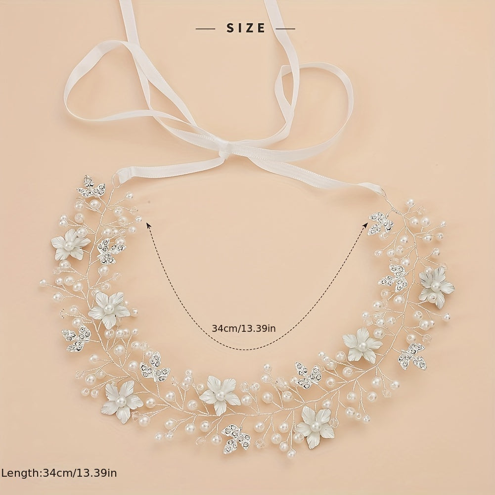 Flower Charm Hair Band Rhinestone & Pearl Headband Bridal Wedding