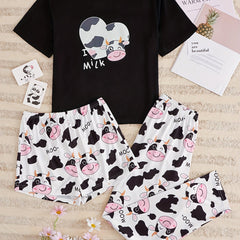 Cow Print Pajamas Set Short Sleeve Top & Shorts & Pants