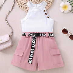 Girls' 2 Piece Outfits Ribbed Halter Neck Sleeveless Top & Shorts Set