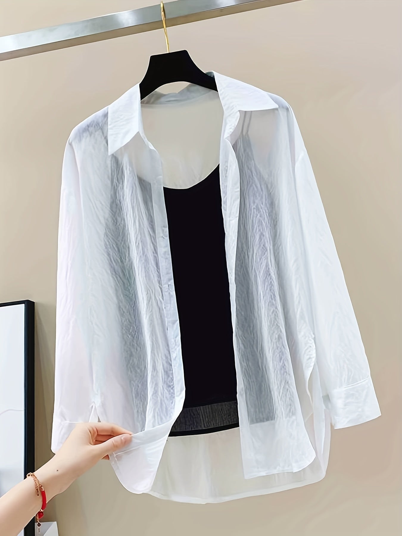 Sheer Cover Up Shirt Long Sleeves Split Lapel Rash Guard Shirt Women's Swimwear