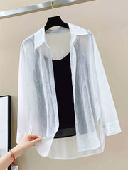 Sheer Cover Up Shirt Long Sleeves Split Lapel Rash Guard Shirt Women's Swimwear