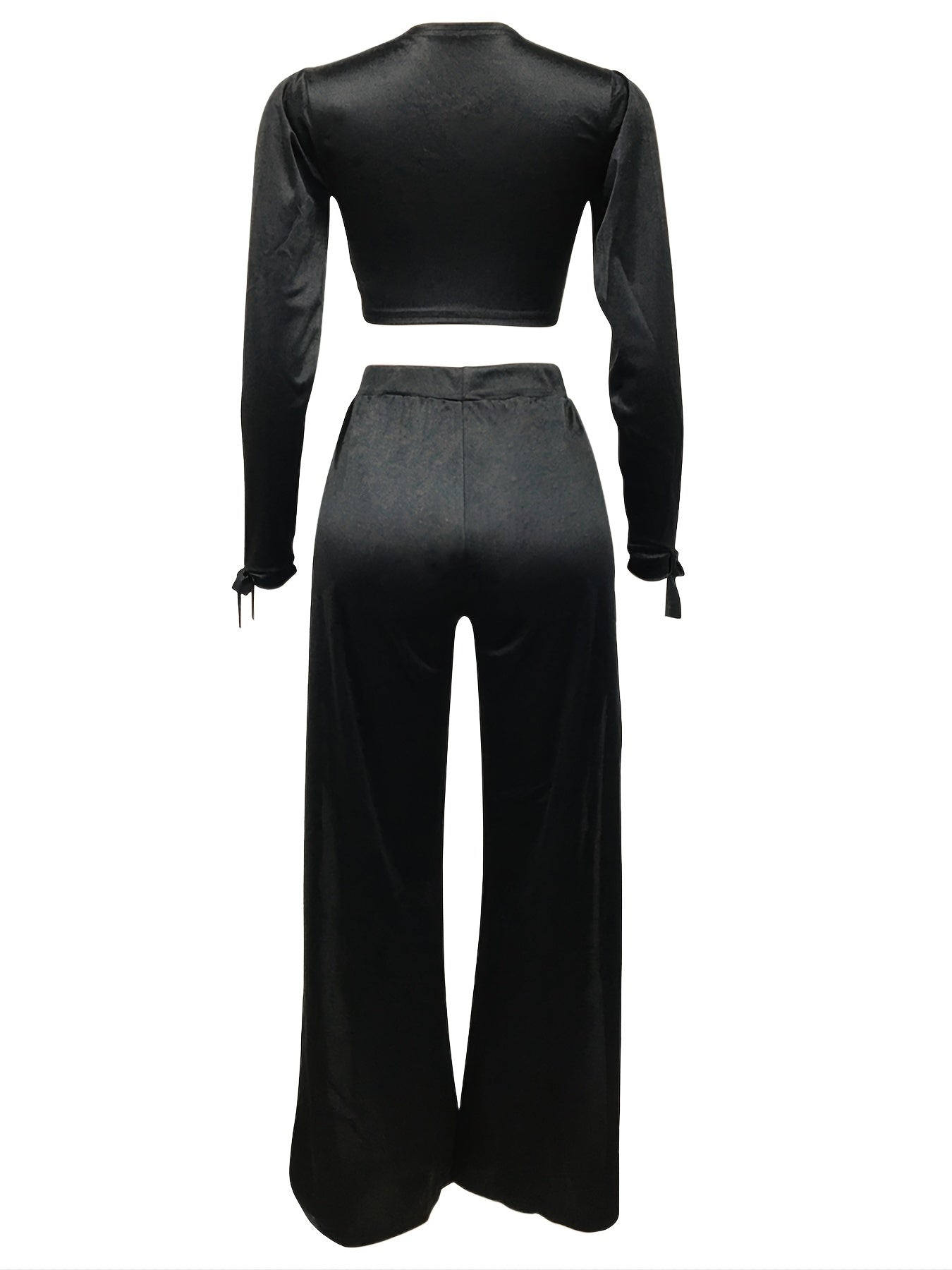 Women's Solid Two piece Set Deep V Neck Long Sleeve Crop Top & Split Pants
