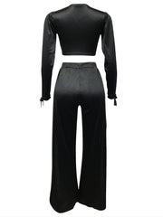 Women's Solid Two piece Set Deep V Neck Long Sleeve Crop Top & Split Pants