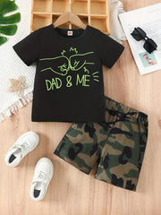 2pcs Boys Dad Fist Print Short Sleeve T shirt&Shorts Set Summer Clothing