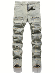 Navy Washed Slim Fit Jeans Men's Casual Street Style High Stretch Denim Pants