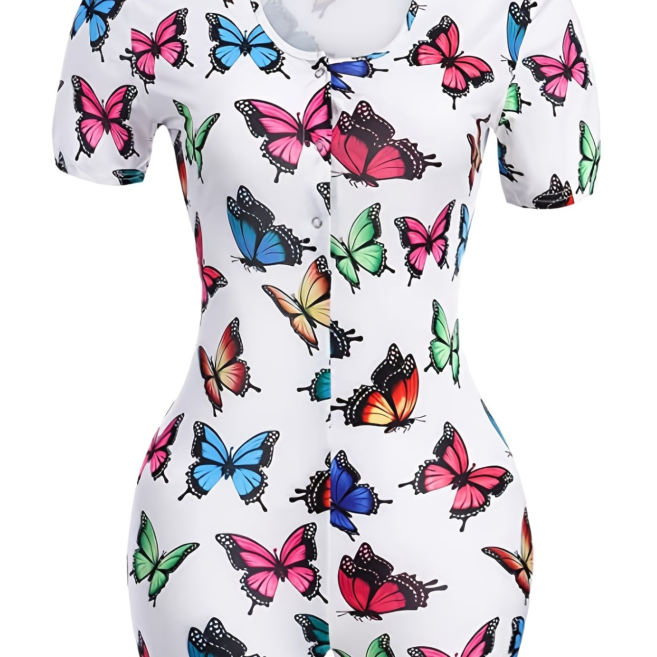 Colorful Butterfly Print Lounge Bodysuit Short Sleeve Romper