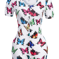 Colorful Butterfly Print Lounge Bodysuit Short Sleeve Romper