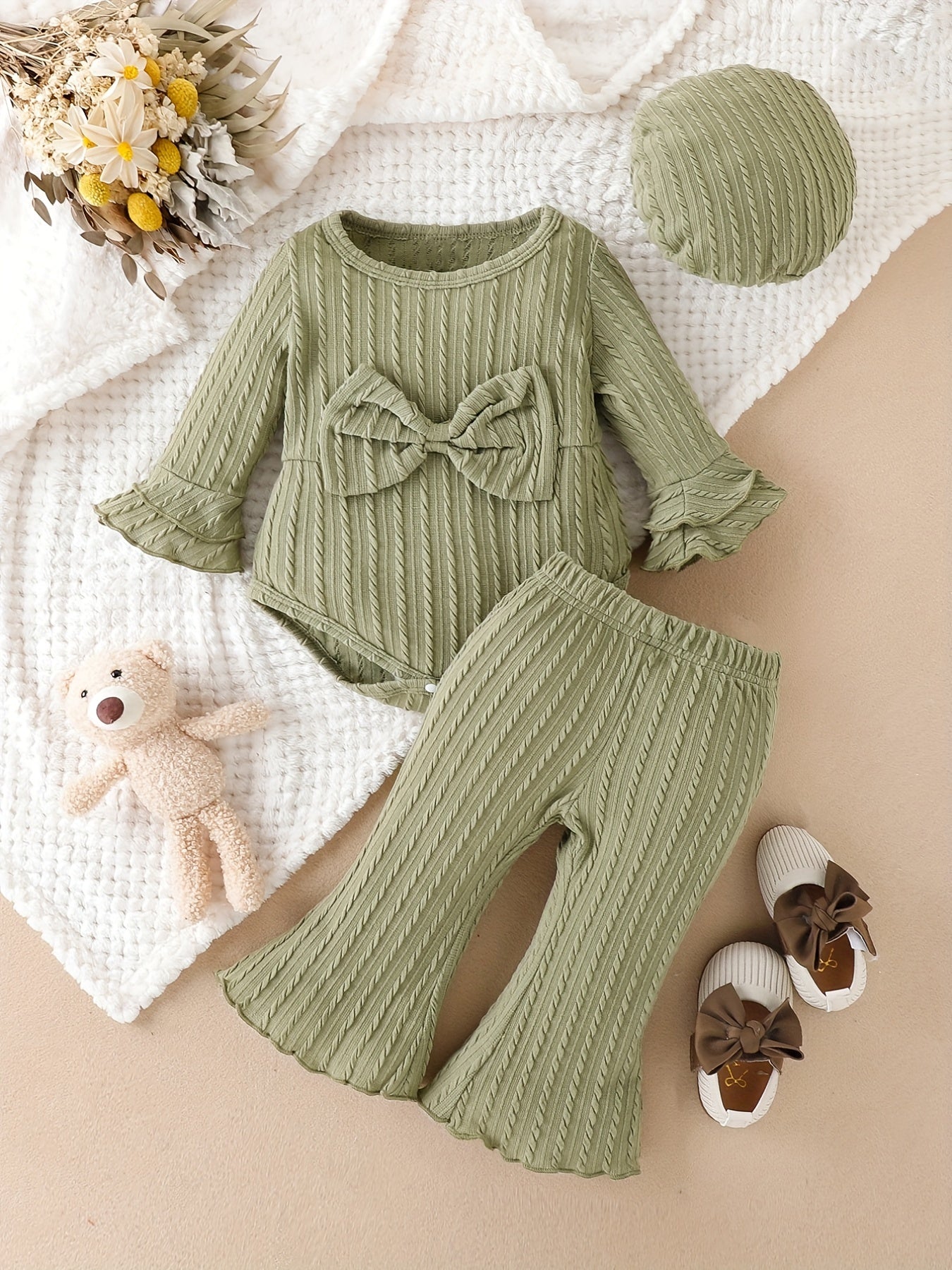 Baby Girls Big Bow Creeper Top & Flared Trousers 3pcs Set