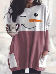Snowman Print Long Sleeve Tee Dress With Pockets