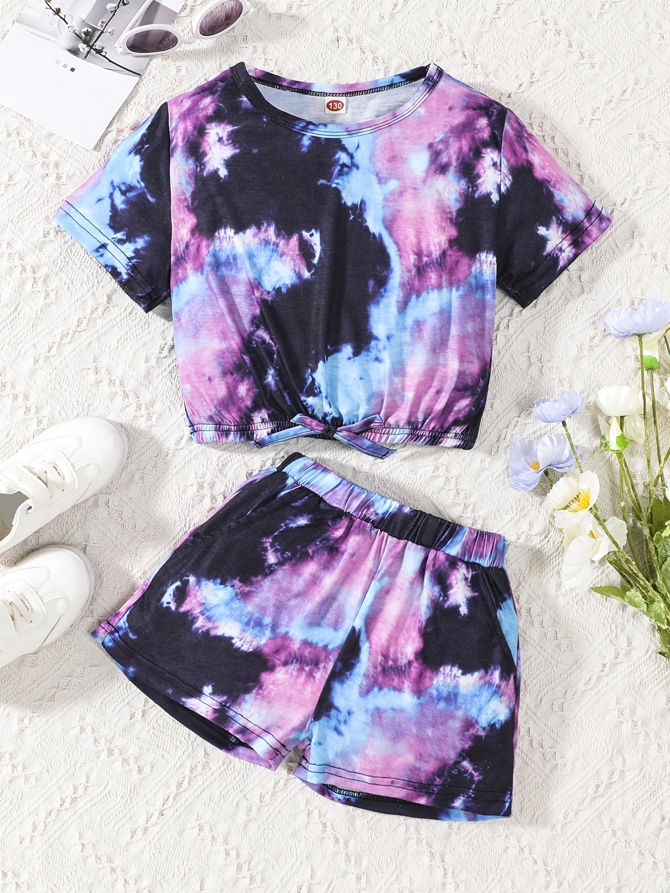 2pcs Girls Tie Dye T Shirt Crop Tee Top & Shorts Set Kids Clothes