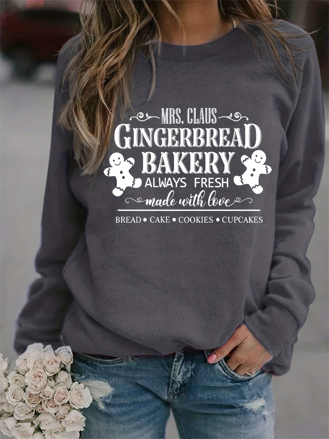 Gingerbread Bakery Sweatshirt Long Sleeve Crew Neck Women's Clothing