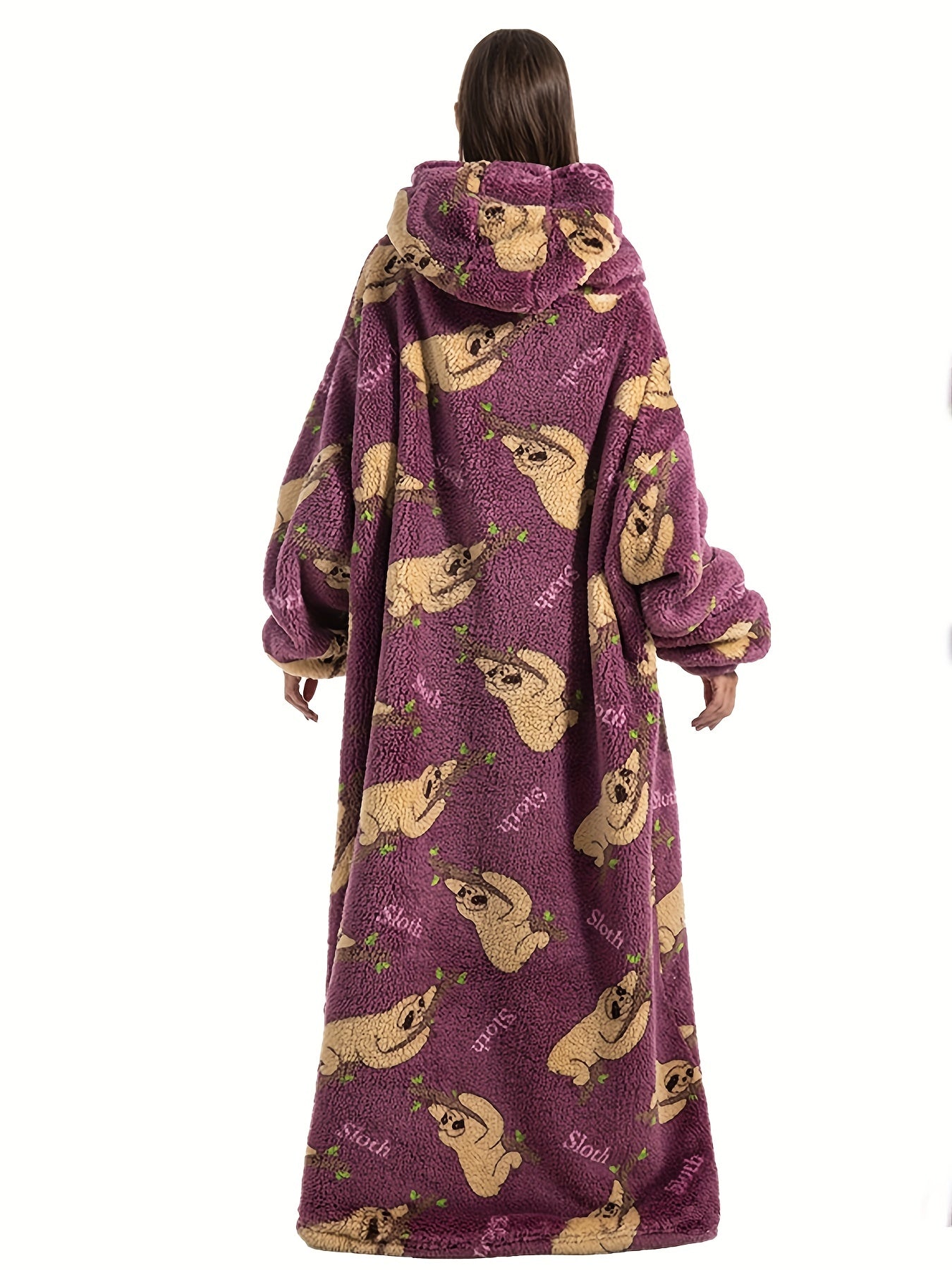 Sloth Print Fleece Robe Hooded Blanket