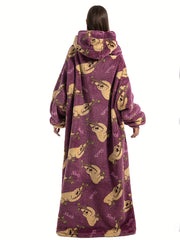 Sloth Print Fleece Robe Hooded Blanket