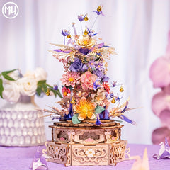 MU Metal Puzzle Model DIY Music Box Rotating Table with Drunken Flowers