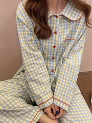 Plaid Button Down Pajamas Blouse & Pants Set