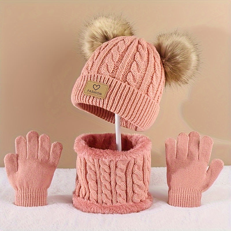 Winter Fur Ball Beanie Scarf Gloves Set