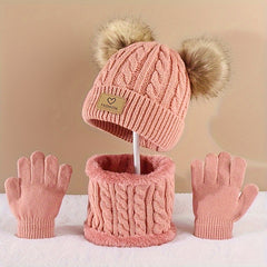 Winter Fur Ball Beanie Scarf Gloves Set