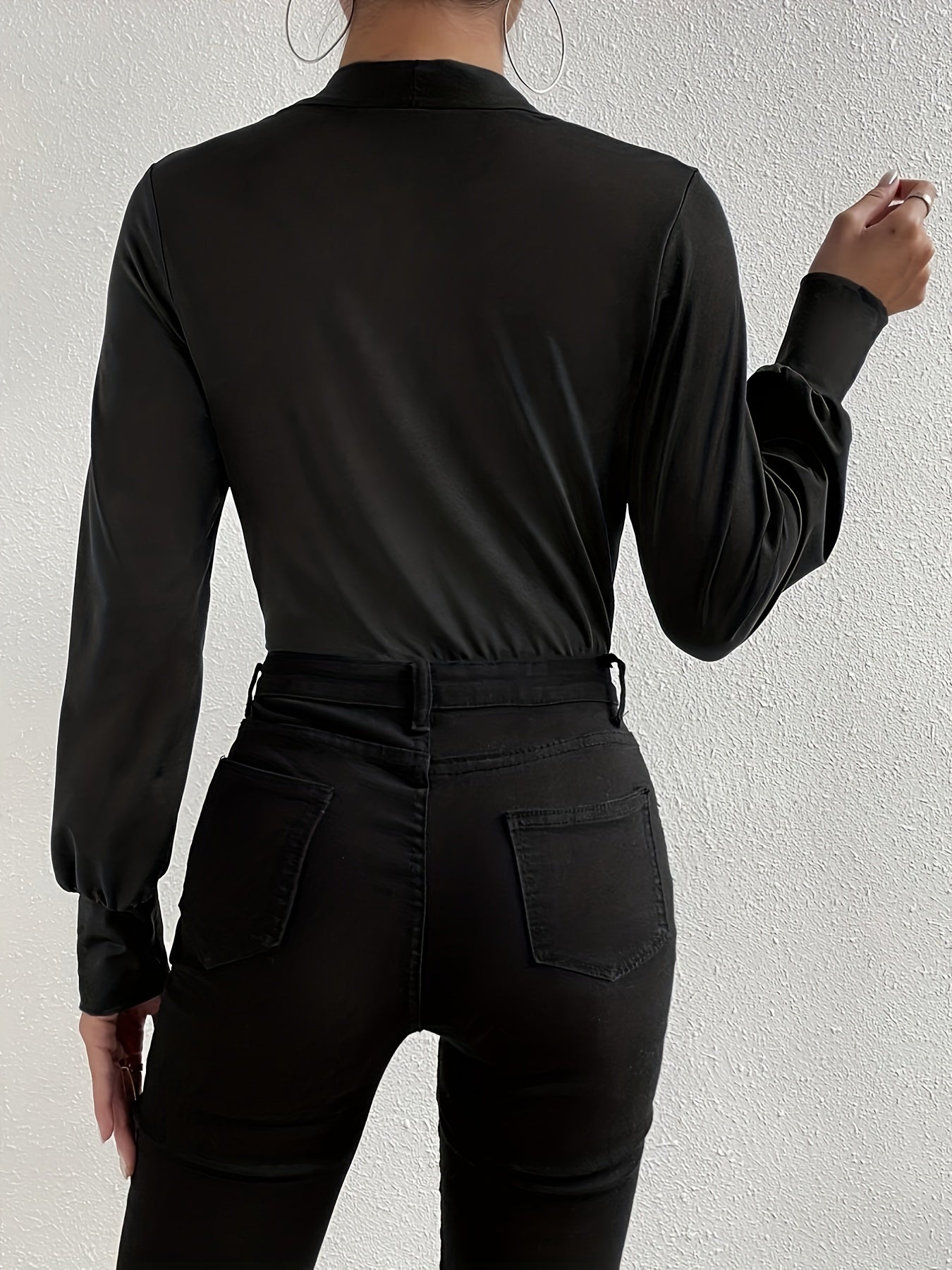 Plunging Surplice Neck Solid Bodysuit Long Sleeve Women's Clothing