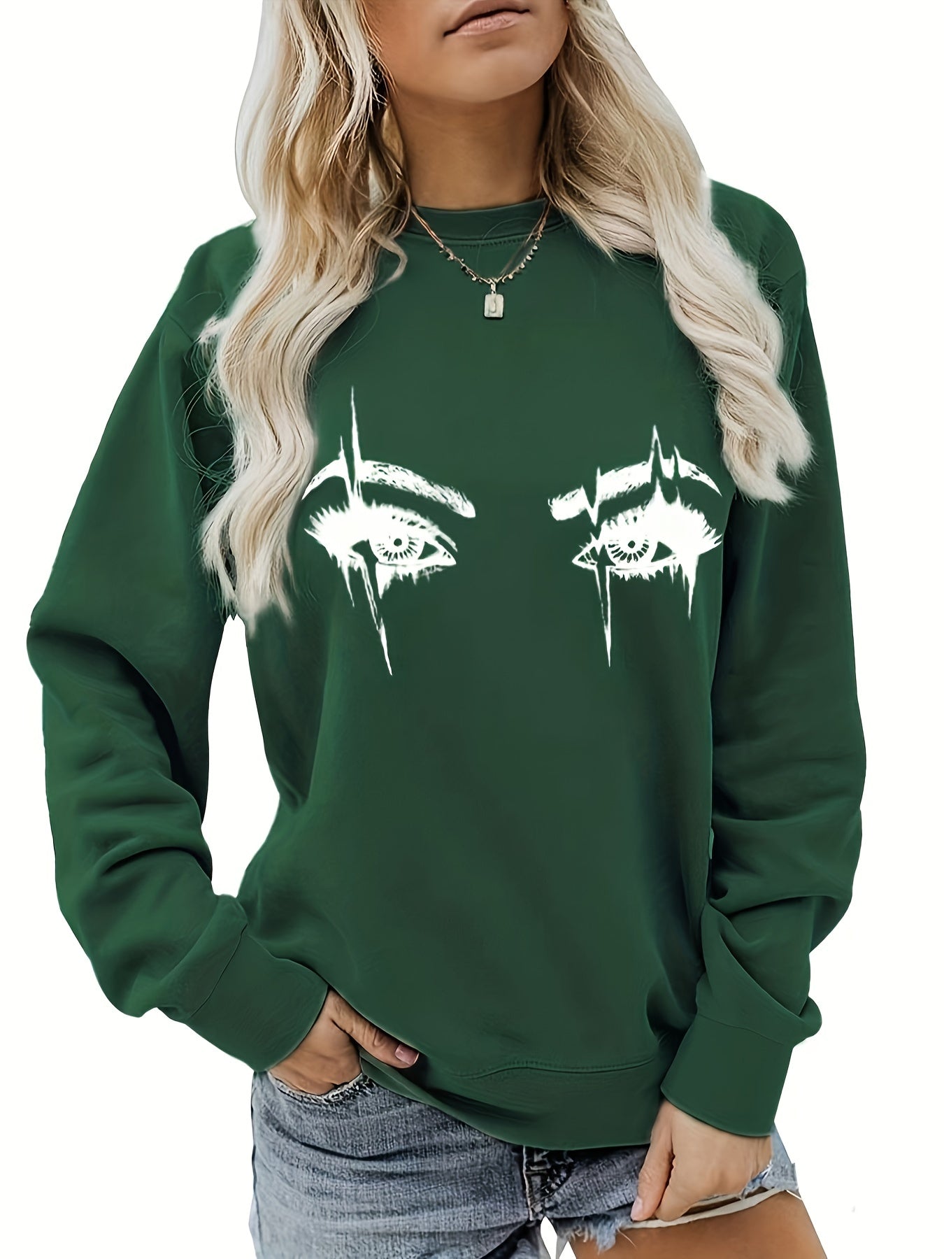 Eye Print Sweatshirt Long Sleeve Crew Neck Women's Clothing