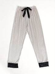 Striped Lace Trim Sleep Bottoms Casual & Comfy Bow Decor Sleep Pants