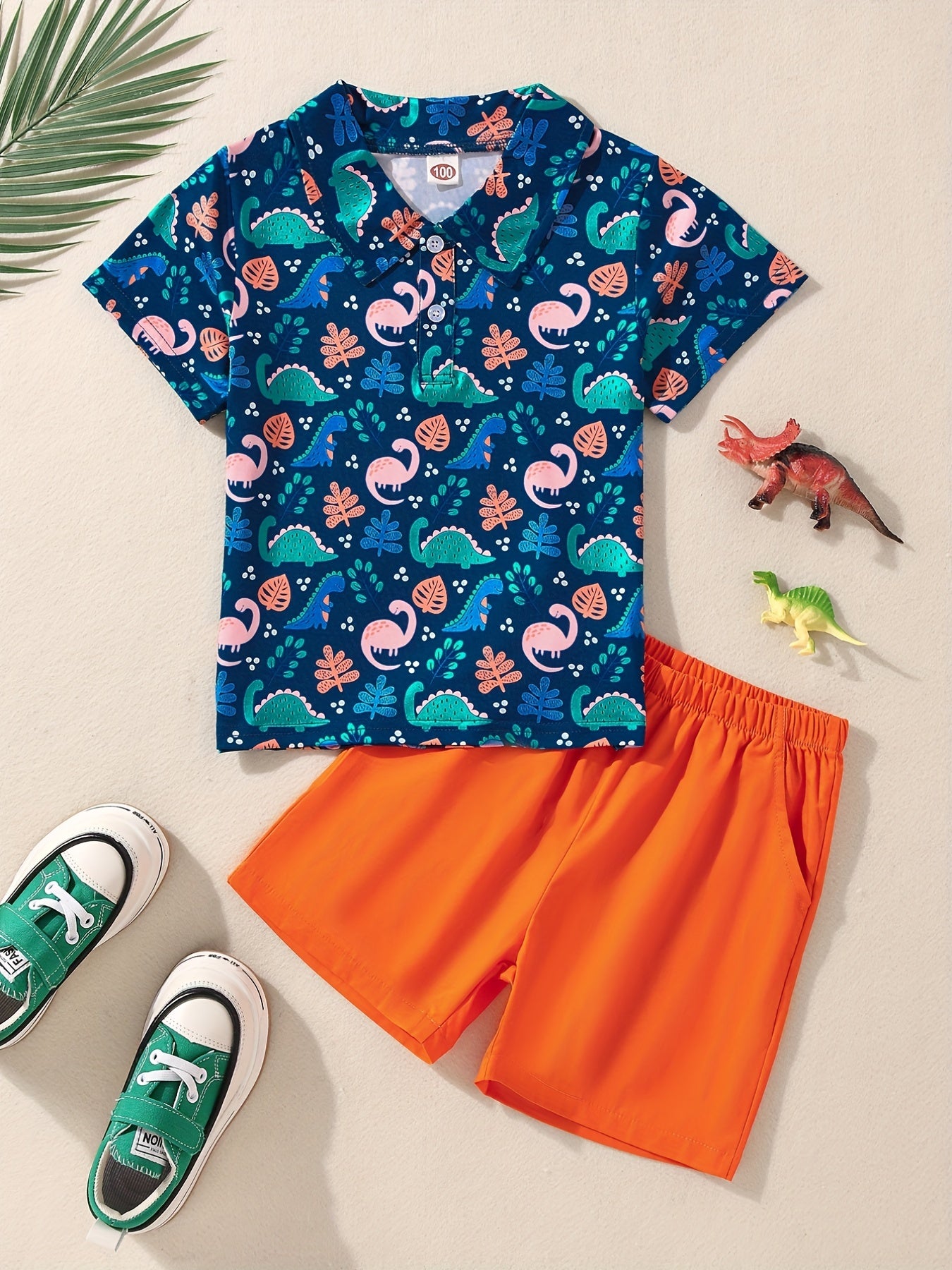 Boys Dino & Leaves Print Polo Shirt & Shorts Set