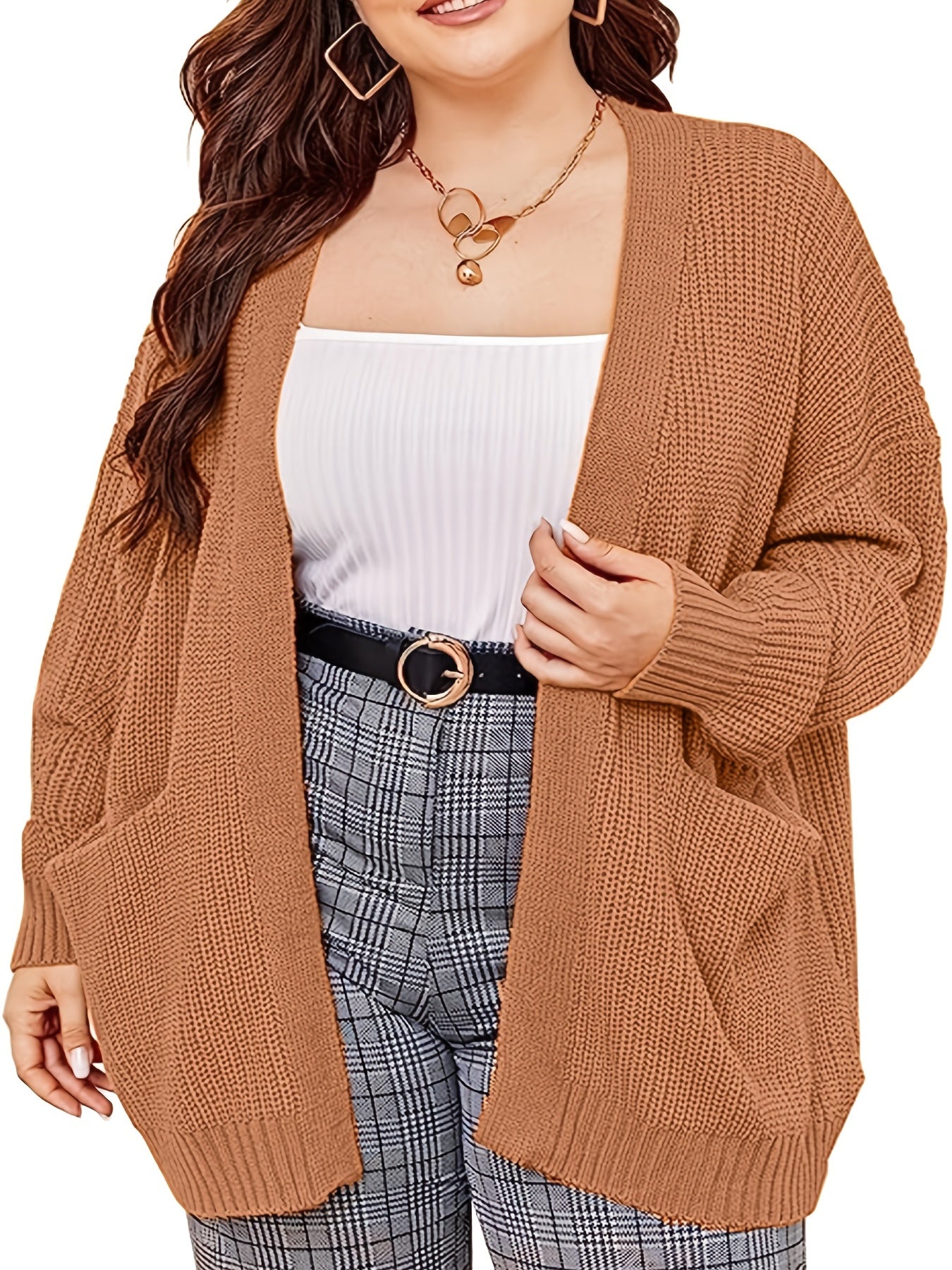 Solid Long Sleeve Open Front Cardigan With Pockets
