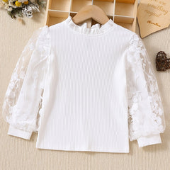 Girls Long Puff Sleeve Lace Ruffle T-Shirt Kids Clothes