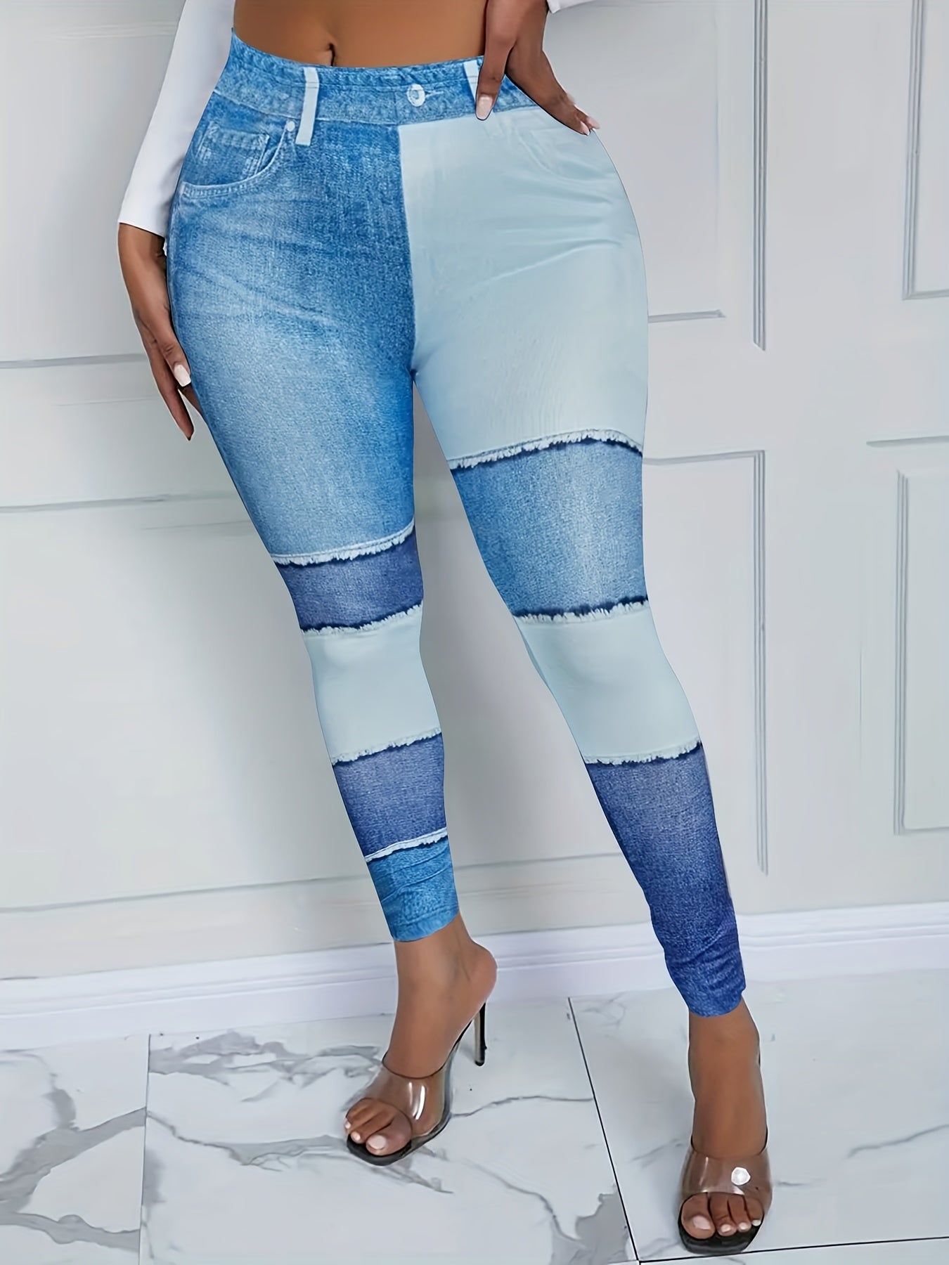 Denim Print Skinny Leggings Long Length Casual Pants Women's Clothing