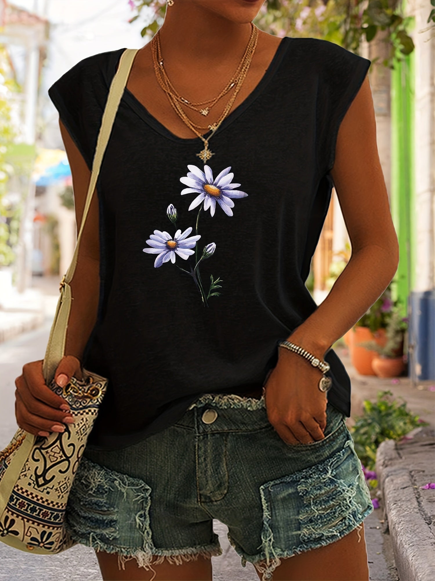 Floral Print Tank Top Sleeveless Casual Top for Summer & Spring