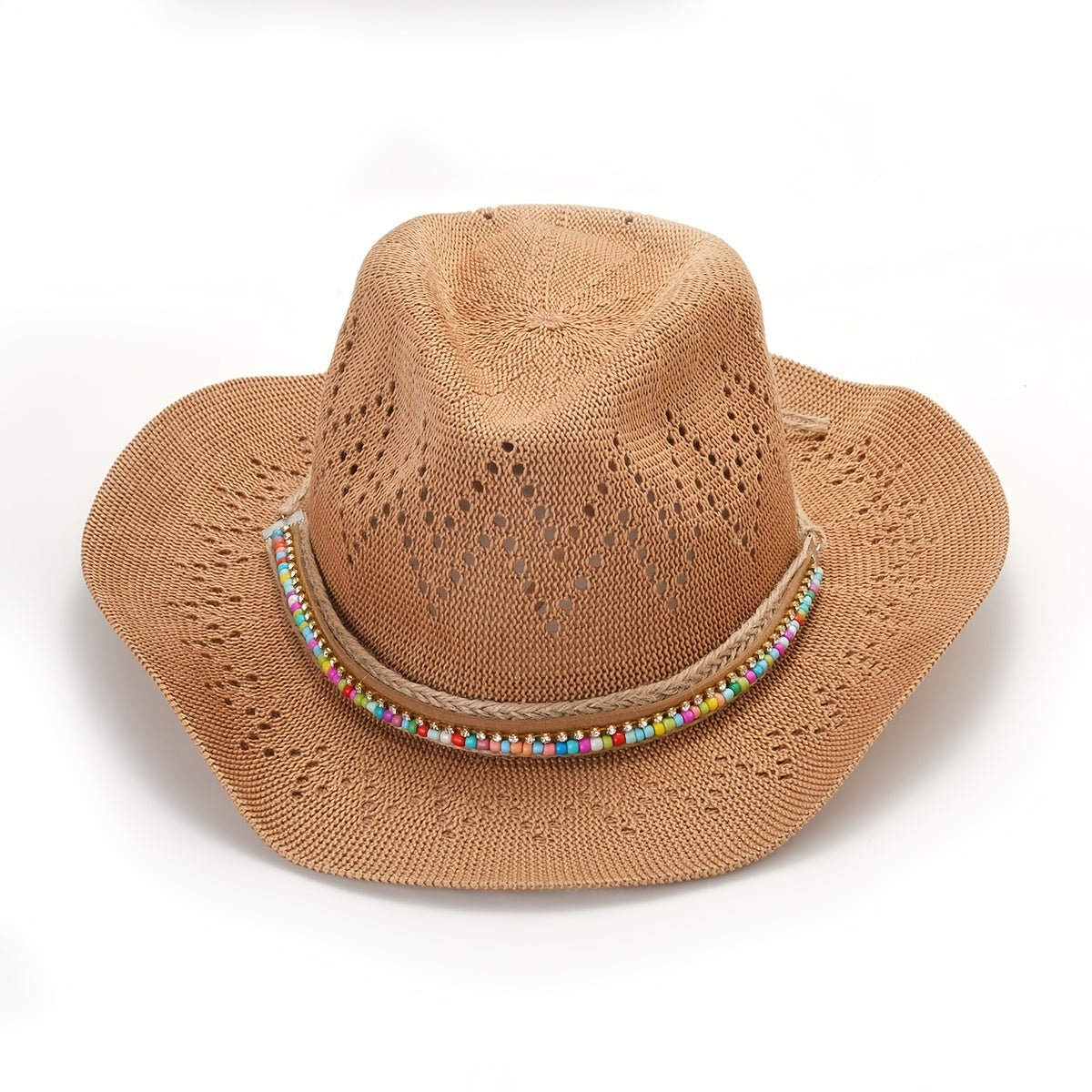 Hollow Crochet Straw Sun Hat Western Style Cowboy Hat Beads Band Decor