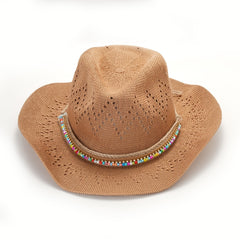 Hollow Crochet Straw Sun Hat Western Style Cowboy Hat Beads Band Decor