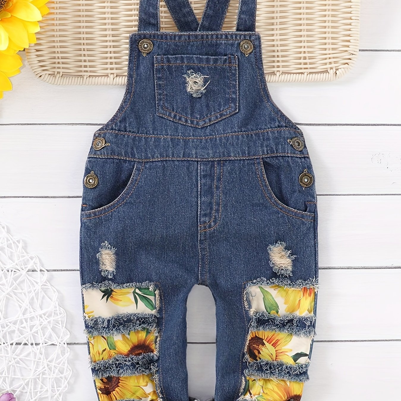 Baby Girls Sunflower Pattern Denim Overalls